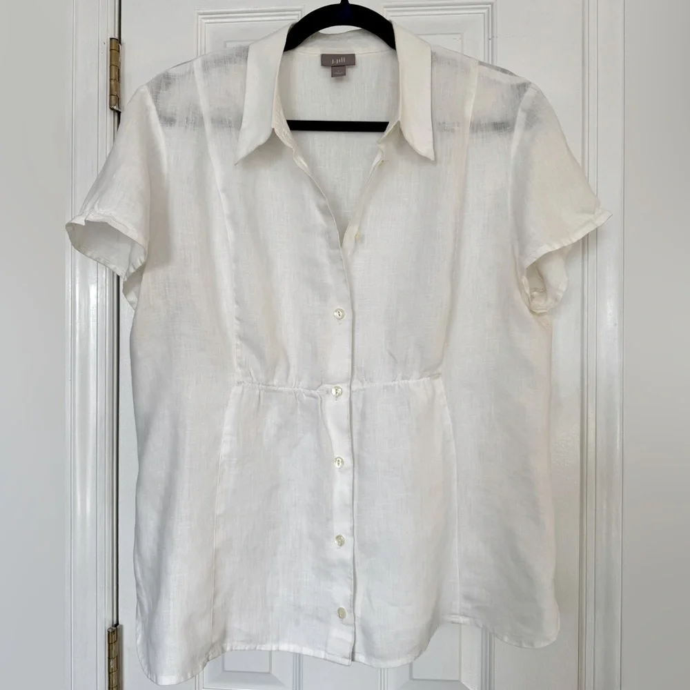 J.Jill 100% Linen Collared Button Down Cinched Short Sleeve White Top Size Large - Picture 2 of 11